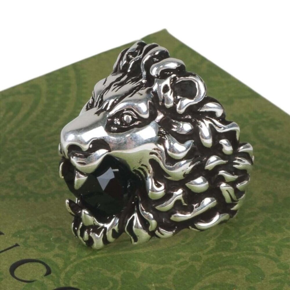 NEW Authentic Gucci Lion Head Crystal Ring In Silver & Black Sz 16 IT 7.5 US - Picture 1 of 11
